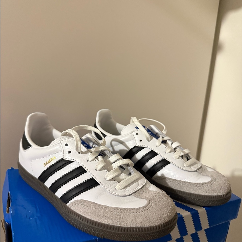 Adidas Kids Sambas White, Core Black, and Gray Sneakers